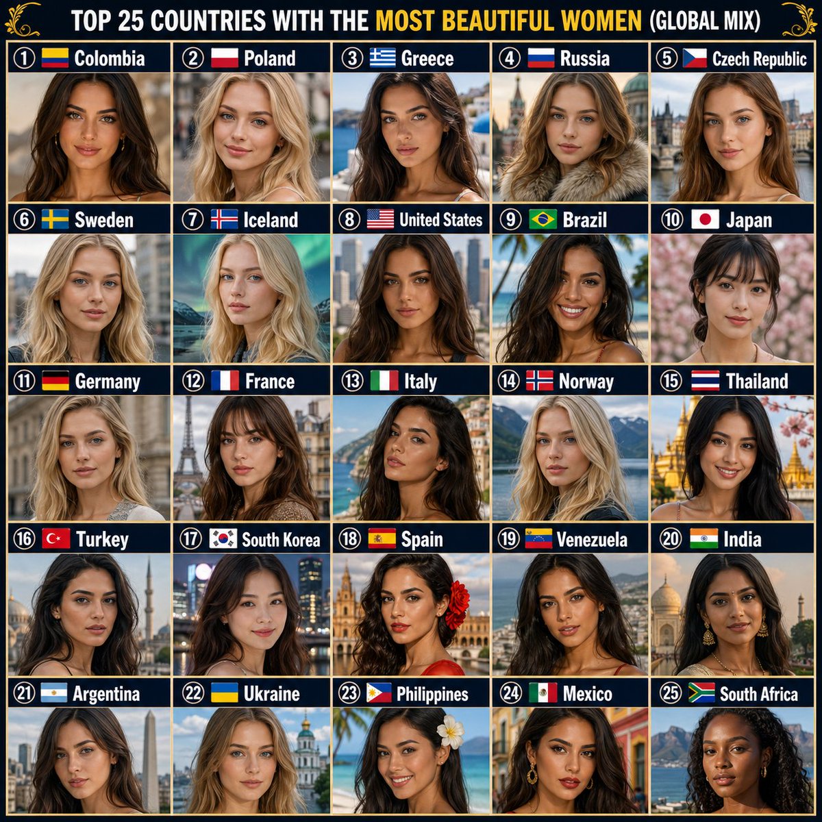 Globalstats_77's tweet photo. Top 25 Countries with the Most Beautiful Women

① 🇨🇴 Colombia
② 🇵🇱 Poland
③ 🇬🇷 Greece
④ 🇷🇺 Russia
⑤ 🇨🇿 Czech Republic
⑥ 🇸🇪 Sweden
⑦ 🇮🇸 Iceland
⑧ 🇺🇸 United States
⑨ 🇧🇷 Brazil
⑩ 🇯🇵 Japan
⑪ 🇩🇪 Germany
⑫ 🇫🇷 France
⑬ 🇮🇹 Italy
⑭ 🇳🇴 Norway
⑮ 🇹🇭 Thailand
⑯ 🇹🇷 Turkey
⑰ 🇰🇷 South Korea
⑱ 🇪🇸 Spain
⑲ 🇻🇪 Venezuela
⑳ 🇮🇳 India
㉑ 🇦🇷 Argentina
㉒ 🇺🇦 Ukraine
㉓ 🇵🇭 Philippines
㉔ 🇲🇽 Mexico
㉕ 🇿🇦 South Africa