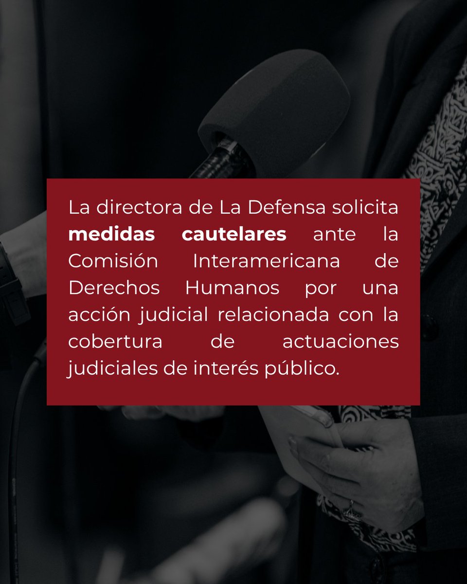 LaDefensaEc's tweet photo. DIRECTORA DE LA DEFENSA, AL CIDH 
La periodista Blanca Moncada (@Blankimonki), directora de La Defensa, solicitó medidas cautelares ante la CIDH ante el riesgo de prisión por una acción judicial relacionada con una publicación periodística sobre actuaciones de la justicia ecuatoriana, que vinculan a la exjueza Marcia Ada Flores Benalcázar, quién en fue sancionada en la Judicatura por ser “responsable de haber incurrido en la infracción disciplinaria,, por la presentación en juicio de un certificado médico presumiblemente falsificado con el fin de dilatar una causa". 

La solicitud busca que el organismo interamericano evalúe el riesgo y, de ser procedente, requiera medidas que garanticen el derecho a la libertad de prensa y la no vulneración del ejercicio periodístico.

#LaDefensa #LibertadDeExpresión #CIDH #Periodismo #Ecuador