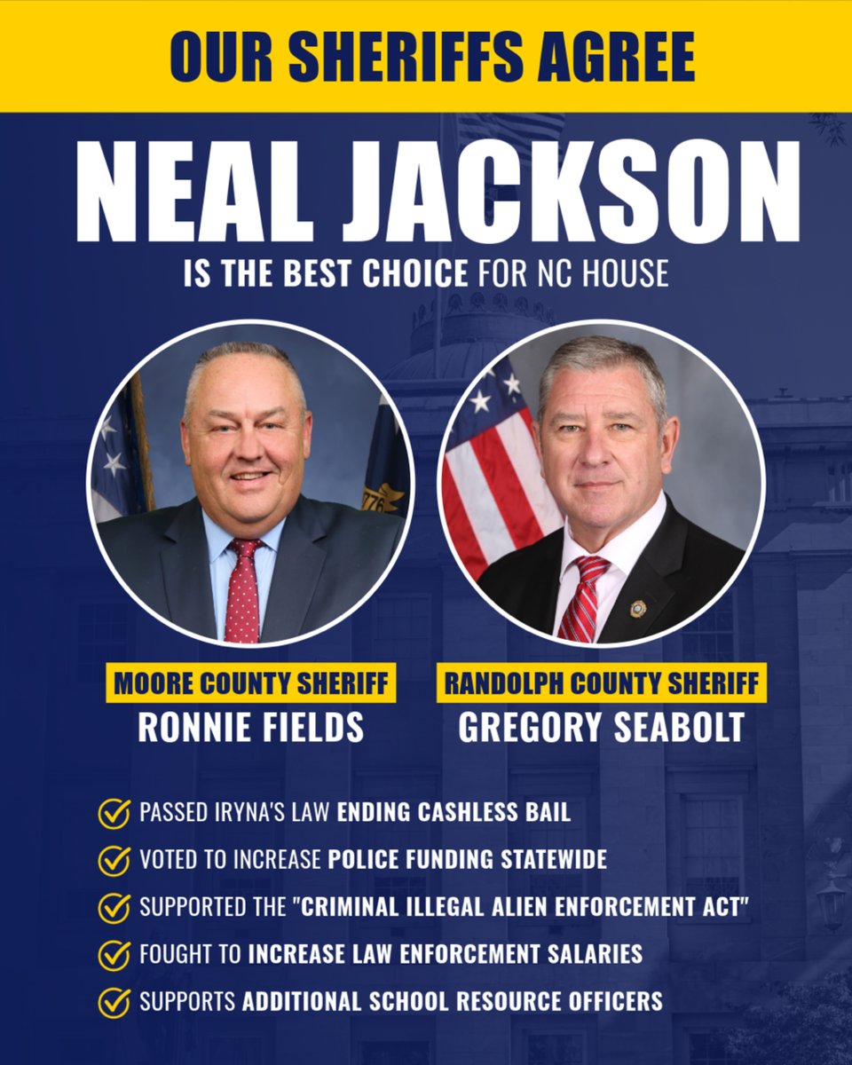 RepNealJackson's tweet photo. Backed by our sheriffs, Neal Jackson stands for safer communities and stronger law enforcement!
#nchouse #nc #gop #election #midterms #sheriff #lawenforcement #moore #randolph #publicsafety https://t.co/M3KtbNO3CP