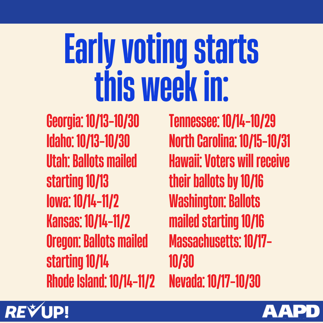 AAPD's tweet photo. Early voting starts in 13 states this week! Check your registration at https://t.co/W8l36Y7FWr, review your options for voting in your state, and vote as early as you can! https://t.co/l2iqVNdYWI