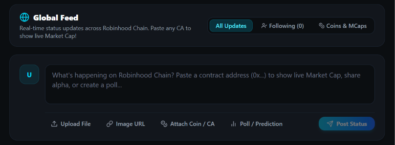 ponscall's tweet photo. 🌐 INTRODUCING PONSCALL GLOBAL FEED

The conversation goes beyond wallets. 🔗

Stay connected with the Robinhood Chain ecosystem through Ponscall Global Feed.

✨ What can you do?
🌍 Share real-time updates with the community.
📊 Track live Market Cap by pasting any Contract Address (CA).
🪙 Share coins and discover new tokens.
📎 Upload files or share images via URL.
📈 Create polls and prediction markets.
👥 Follow accounts and stay updated on their posts.

One feed. One ecosystem. Endless possibilities.

🌐 https://t.co/kyZOQn7S2N

Your wallet is your identity. The network is connected. 🚀

#Ponscall #RobinhoodChain