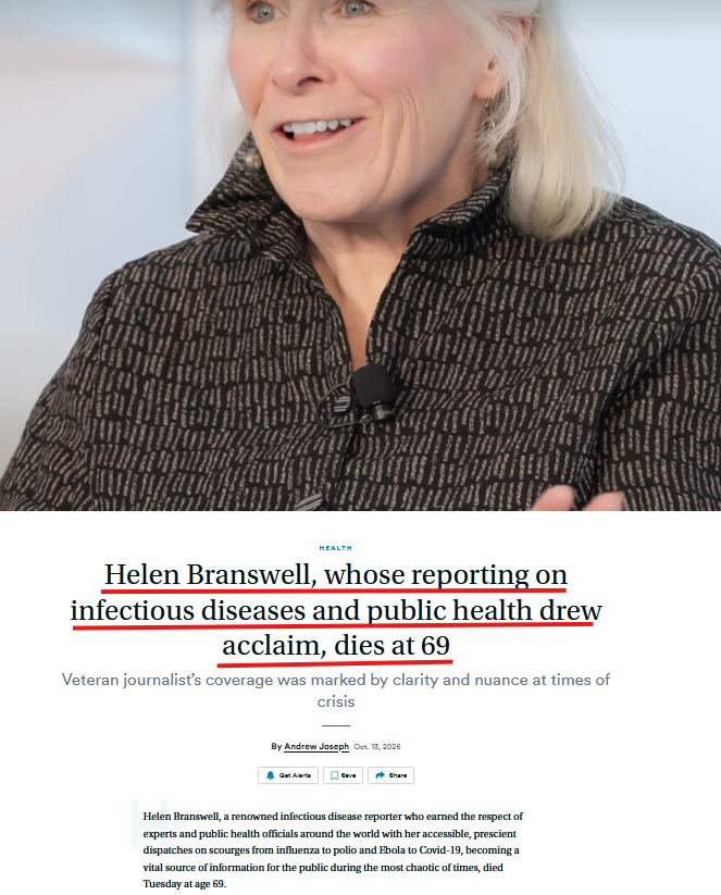 TheDebriefing17's tweet photo. 🤔Helen Branswell, a renowned infectious disease reporter who earned the respect of experts and public health officials around the world with her accessible, prescient dispatches on scourges from influenza to polio and Ebola to Covid-19, becoming a vital source of information for the public during the most chaotic of times, died Tuesday at age 69.