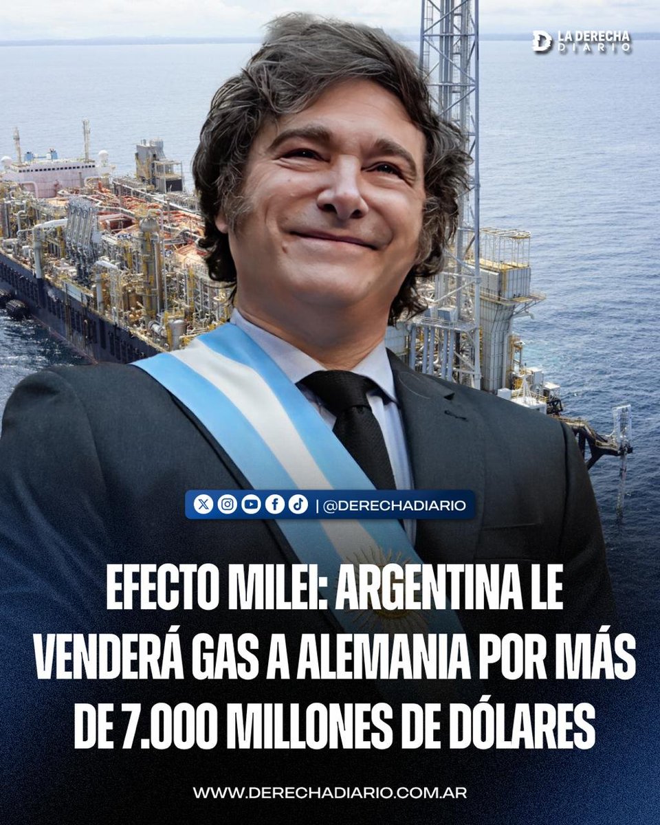 laderechadiario's tweet photo. 🚨🇦🇷🇩🇪 | EFECTO MILEI: ARGENTINA LE VENDERÁ GAS A ALEMANIA A PARTIR DE 2027 POR MÁS DE 7.000 MILLONES DE DÓLARES

La Argentina comenzará a exportar gas natural licuado (GNL) a Alemania a partir de 2027, mediante un contrato de largo plazo que establece el suministro de 2 millones de toneladas anuales durante ocho años. El acuerdo fue firmado entre la empresa estatal alemana Securing Energy for Europe y Southern Energy S.A., el consorcio integrado por YPF, Pan American Energy y Pampa Energía.

El convenio consolida el desarrollo exportador de Vaca Muerta bajo el Gobierno de Milei y podría generar ingresos superiores a los USD 7.000 millones.