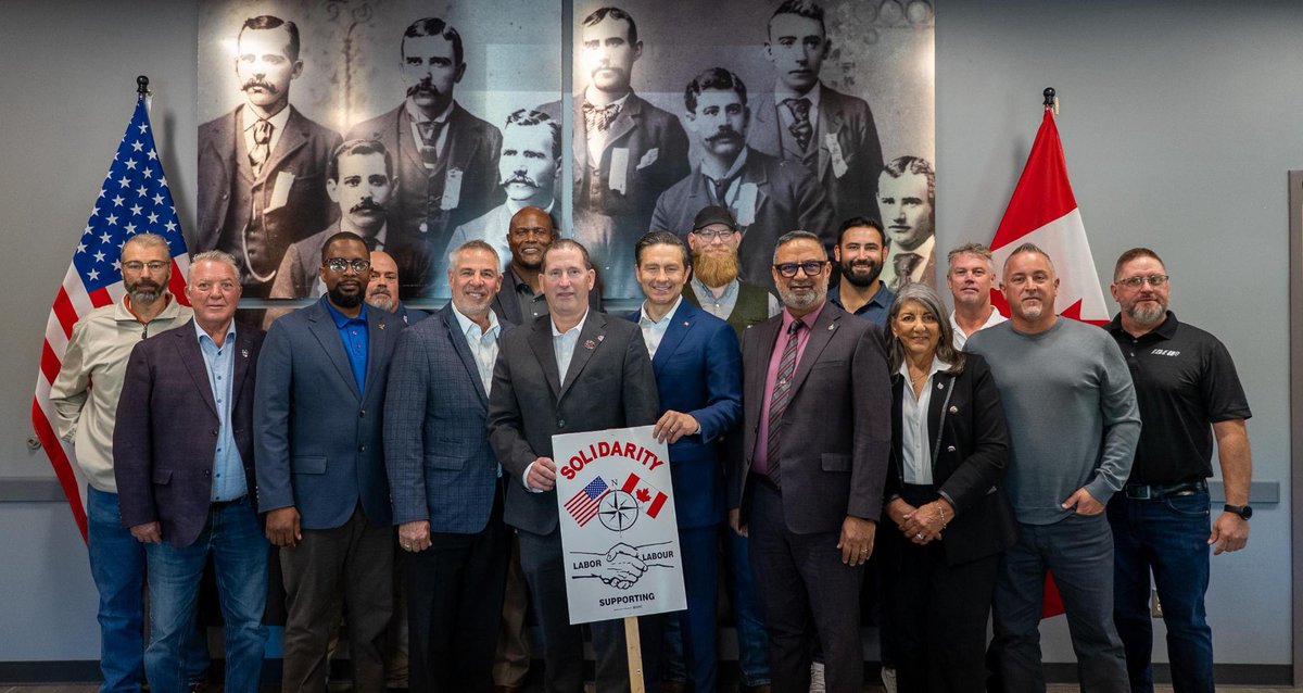 PierrePoilievre's tweet photo. Canadian and American workers are stronger when we build things together.

In Detroit with our Windsor Conservative team, meeting with @IBEW to fight for tariff-free trade and a renewed Auto Pact that protects jobs, boosts production, and lowers costs on both sides of the border.

That's how we fight for Canadian workers.