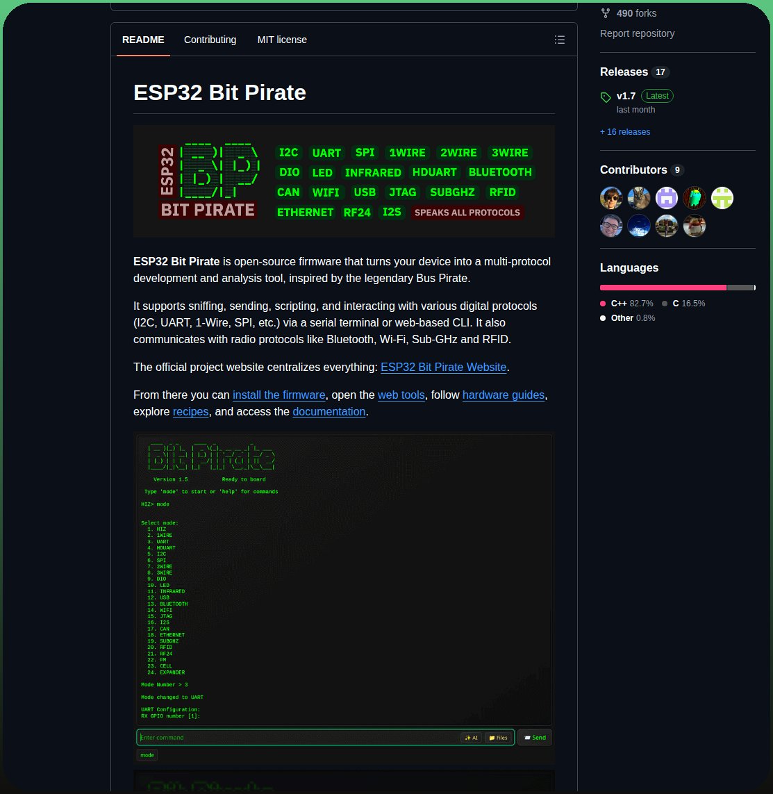 tom_doerr's tweet photo. Converts standard ESP32 boards into multi-protocol analysis tools for interacting with I2C, UART, SPI, Bluetooth, Wi-Fi, and RF signals via a web-based CLI.

https://t.co/ordOpVAk8a https://t.co/5o8UCLeX2g