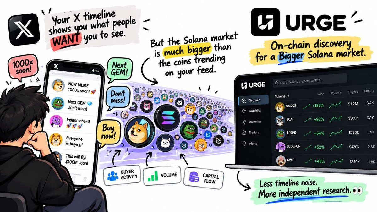 web3_jenny's tweet photo. your X timeline shows you what people WANT you to see.

the Solana market is much bigger than the coins trending on your feed.

that's why I find on-chain discovery interesting.

URGE helps you explore tokens gaining traction across Solana, using signals like buyer activity, volume and capital flow.

less dependence on whatever the timeline is shilling today.

more independent research.

@urgefunX
