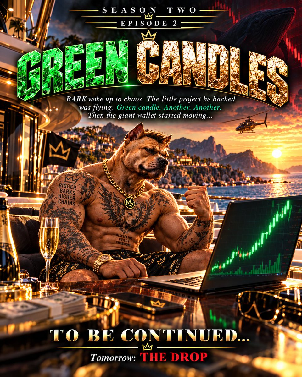BARKonRHC's tweet photo. 🐕🟢 SEASON TWO — EPISODE 2: GREEN CANDLES
BARK woke up to chaos.
His first investment was flying.
Green candle.
Another.
Another.
Then the giant wallet started moving…
And suddenly, the mood changed.
Tomorrow: THE DROP. 🔴
Full story 👇
https://t.co/MUYELldMiy
#BARK #RHC https://t.co/nYUgs8ZXzy