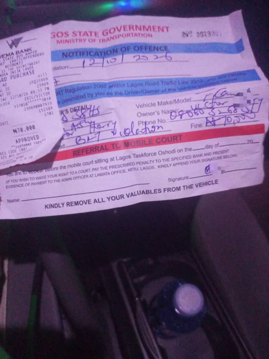 Adewalemickey's tweet photo. If you want to experience wickedness and injustice, you need to come to Lagos.

This is the receipts a colleague of mine sent to me few minutes ago, his vehicle was impounded at the late hours of yesterday by the Lagos state police task force.

He was arrested from an exit way in a BRT lane, along bayo shodipo inwards ikorodu road.

There's an ongoing road repair in some section of the road but there's no proper sign to alert motorists of alternative routes, especially if you're a stranger and not familiar with the changes.
The diversion is not properly communicated so you're on your own.

So the task force unit guys will hide in a blind spot where you will be caught unaware and arrest you forcefully.

He has paid #70,000 fine with his debit card to an unknown account via P.O.S.

This is what we are facing from this government. This is not fair.

Few months ago i paid 100k to this department of government for towing the vehicle drove against my wish because it got damaged on the road.

Sanwo-Olu and co.