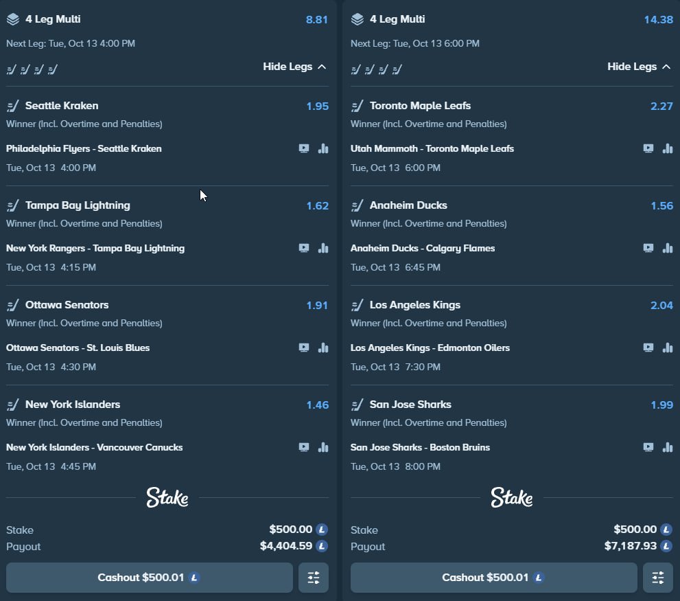 TactBets's tweet photo. IT'S NHL FROZEN FRENZY! WHICH MEANS ALL 32 NHL TEAMS PLAY TONIGHT! 🏒

We made 4 different, four leg parlays for all 16 games on @Stake 

💸 If WE WIN any of them, I'm Giving Away $500! 💸 

➡️ Follow &amp; Retweet! 
➡️ Comment your Stake username!
➡️ Tag a friend! https://t.co/iy9a3YabKU