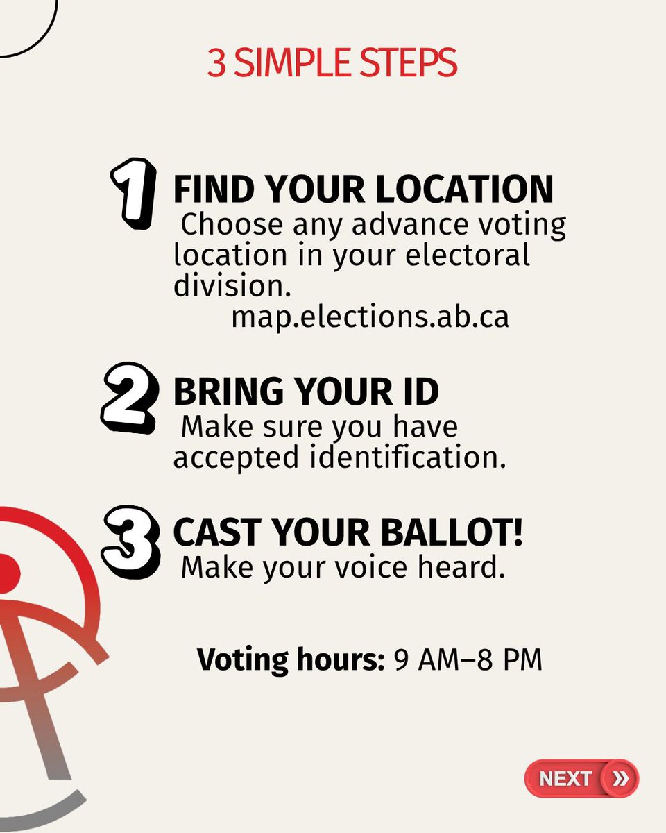 CommonGoodYYC's tweet photo. 🗳️ 7 DAYS TO GO!

Day 4: Early Birds Vote First!

Advance voting is OPEN Oct 13–17, 9 AM–8 PM. Vote at any advance voting location in your electoral division. Bring accepted ID.

Find yours: https://t.co/Lo6sSOHux6

#VoteForTheCommonGood https://t.co/fZMsZt2ztu