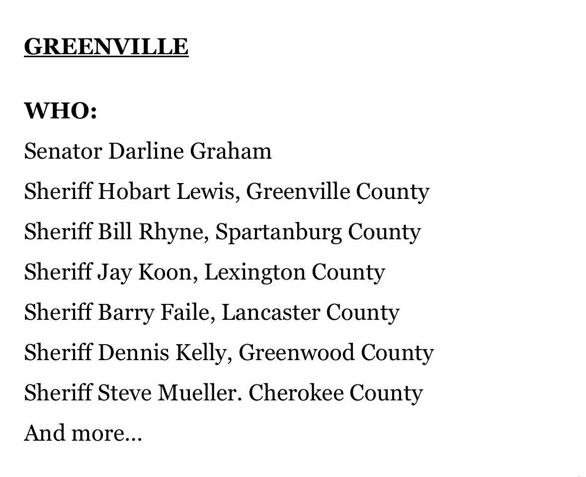 DoughertyJC's tweet photo. JUST IN: Sen. Darline Graham announces campaign stop in Greenville with several Upstate Sheriffs. 

They’re set to hold a press conference tomorrow. 

Greenville Co. Sheriff Hobart Lewis &amp; Spartanburg Co. Sheriff Bill Rhyne had both endorsed Rep. Ralph Norman in the primary. https://t.co/eNIhkpclTc