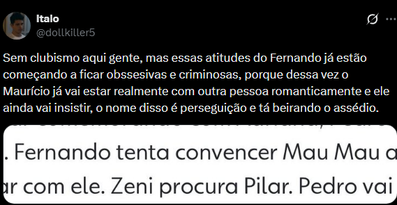 Snowball965's tweet photo. @sinoestaqui E só abrindo espaço pra comentários como esse. Porra Fernando tem uma trama própria que não se resume a casal, o que custa focar nela e deixar esses 2 insossos pra lá? https://t.co/484MhmEOo9