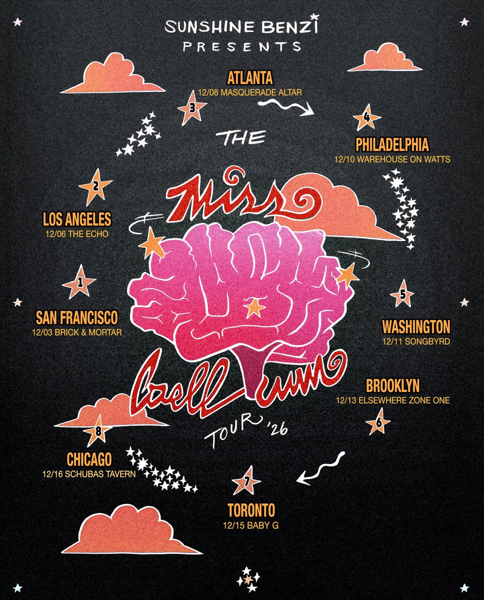 sunshinebenzi's tweet photo. THE MISS BELLUM TOUR 🧠
pre-sale starts tomorrow at 12PM CST
general sale this thursday at 10AM CST
tickets below &amp; in bio
https://t.co/CM2TujglO9 https://t.co/pI2PtUw1Vh