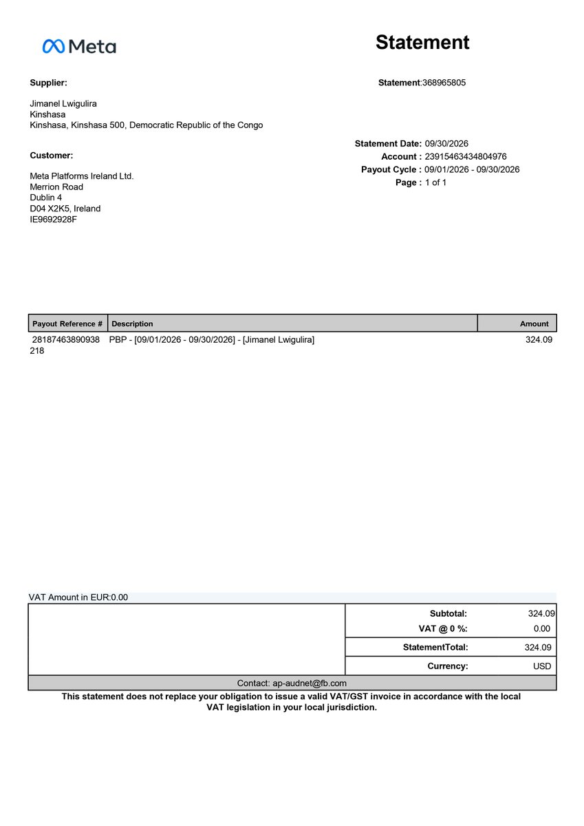 l_jimanel's tweet photo. 💸 Facebook vient de me payer 324,09 $ pour le mois de septembre.

Pendant que certains passent leurs journées à se disputer en commentaires, d’autres transforment leur connexion en source de revenus. Chaque Giga compte. 📶

La vérité est simple :
Internet ne doit pas seulement vous coûter de l'argent, internet doit vous en rapporter !

Si vous avez une connexion, des idées et de la discipline, vous avez tout ce qu'il faut pour transformer vos réseaux sociaux en une source de revenus.

Changez de mindset, valorisez votre temps et faites passer vos réseaux au niveau supérieur. 💪

👇 Dites-moi en commentaire si vous voulez que je partage comment je m’y prends, étape par étape.

#Facebook #Meta #RDC #kinshasa @followers

Coach Jimanel LWIGULIRA 
L'enfant terrible de KABARE
