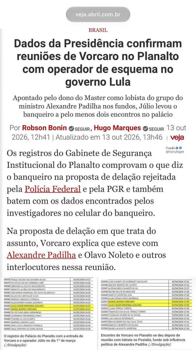 mfriasoficial's tweet photo. Vorcaro não mentiu.
Registros do GSI mostram a entrada do banqueiro no Planalto. 

Talvez isso explique todas as delações rejeitadas pela PGR do Lula.

O Brasil está cansado de mentiras e corrupção, por isso, vamos eleger @FlavioBolsonaro 2️⃣2️⃣🇧🇷 https://t.co/50EO6DeO1U