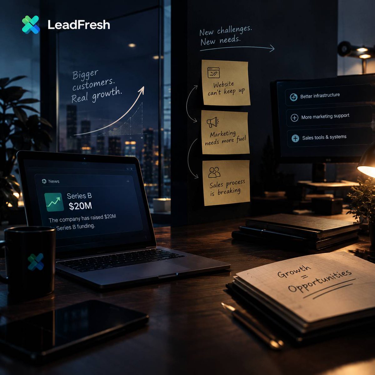 LeadFreshAI's tweet photo. Growth creates problems before it creates headlines.
A startup lands its biggest customer.

Now its website feels too small.Its marketing can’t keep up.Its sales process starts breaking.

Three new opportunities. One company.
But if you’re only looking at company size, you’ll miss the moment that matters.

Growth isn’t just news. It’s a buying signal
LeadFresh helps you spot the changes that could turn into your next client.

Don’t just find growing companies.
Find the needs growing inside them.
📷 https://t.co/HsELPwr85K