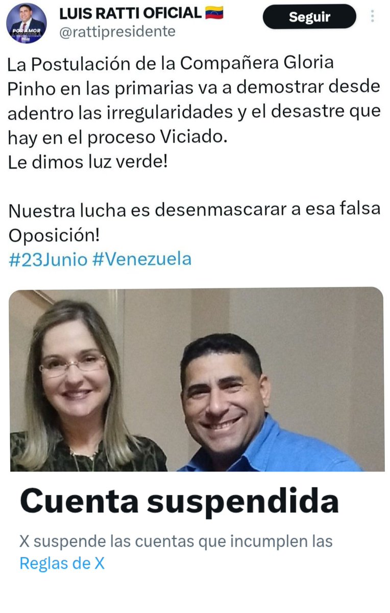 vivassantanaj_'s tweet photo. Nadie olvide que desde la cuenta suspendida @RattiPresidente, ahora con una nueva cuenta @luisratti_ve, junto con la ahora postulada al TSJ la alacrana Gloria Pinho fueron candidatos en primarias para seguir dividiendo a la oposición. La Pinho es otra hetaira política https://t.co/qgoJbtZapM