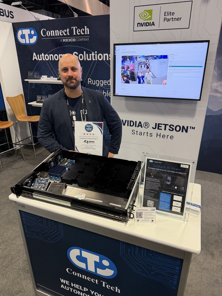 ConnectTechInc's tweet photo. Scene Analyzer Agent is a Military Embedded Systems Best in Show Award winner at #AUSA2026!

Developed by @CTaiLABS, SAA brings agentic video intelligence to the Edge with local processing, alerts, searchable scene intelligence, and natural language Q&amp;A.

#EdgeAI #AgenticAI https://t.co/NfoZw07Za3