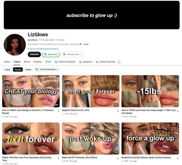 ishankh4n's tweet photo. 🤩 6.65M views across just 10 uploads

LizGlows is a YouTube channel built around beauty, hygiene and glow-up tips. Ten videos, a huge result.

The thumbnail formula is easy to spot:

• Split-screen images comparing beauty features
• Short text that states the promised result
• Tight close-ups of faces, skin and hair

The titles do the rest. Phrases like “CHEAT your biology” and “TRICK your body” turn ordinary advice into something you want to click.

Nothing here is complicated. It’s a clear promise, a visual payoff, and a format you can repeat.

If you’re building faceless channels, study the packaging before you study the topic.