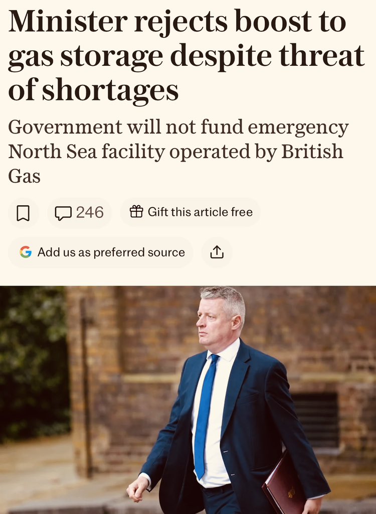 JamesMelville's tweet photo. Oh brilliant. Labour minister Luke Pollard has decided Britain’s largest gas storage site doesn’t need government funds because British Gas can just sort it out themselves.

Never mind that it holds half the country’s gas reserves, might shut next year and winter shortage warnings are already stacking up. 

We are governed by morons.