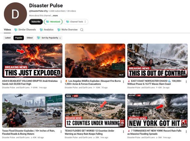 ishankh4n's tweet photo. 🌪️ A month-old channel. $6,519 in estimated earnings. Is it built to last?

Disaster Pulse covers tornadoes, hurricanes, wildfires and floods. It’s 1 month old with 4.61K subscribers, and its top video has already passed 694K views.

Why it gets clicks:

• Dramatic footage and urgent headlines like “THIS JUST EXPLODED”
• Current events, so there’s always something new to cover

The risk is just as clear. This style pulls views fast, but it’s unproven for long-term growth. Many of the thumbnails also look AI-generated, and real disasters involve real people, so misleading visuals can hurt trust and may run into platform rules.

Use AI carefully, label it clearly, and keep real events accurate.