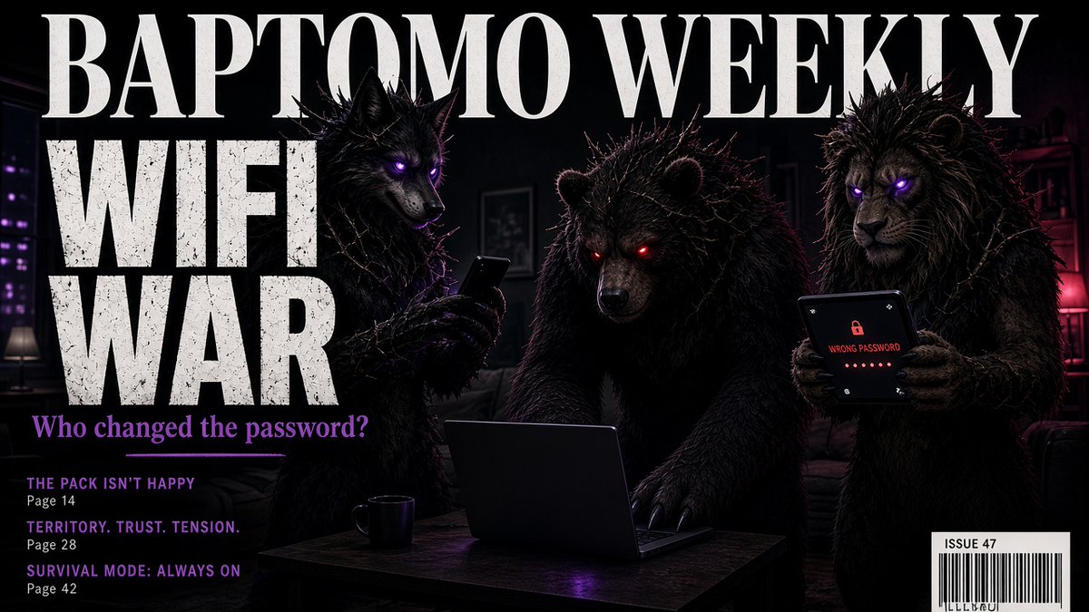 Baptomocoin_'s tweet photo. WiFi war 🐺🐻🦁
Wolf changed the password.
Lion got locked out mid-stream.
Bear tried BAPTOMO1. Wrong.
Family call? Reply 🔐 already in, 📵 locked out, or 🐻 keep guessing
#memecoin #crypto https://t.co/dDUg37469z