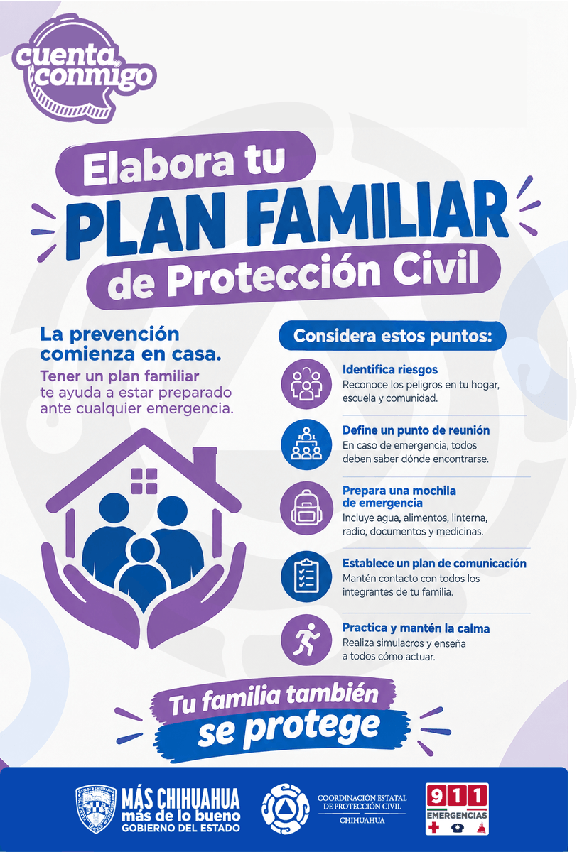 CEPC_Chih's tweet photo. 💙 ¡La prevención comienza en casa!

🛡️ Elabora tu Plan Familiar de Protección Civil e identifica riesgos, define puntos de reunión, prepara tu mochila de emergencia y establece un plan de comunicación.

📞 Emergencias: 9-1-1. https://t.co/8pC5av03GH
