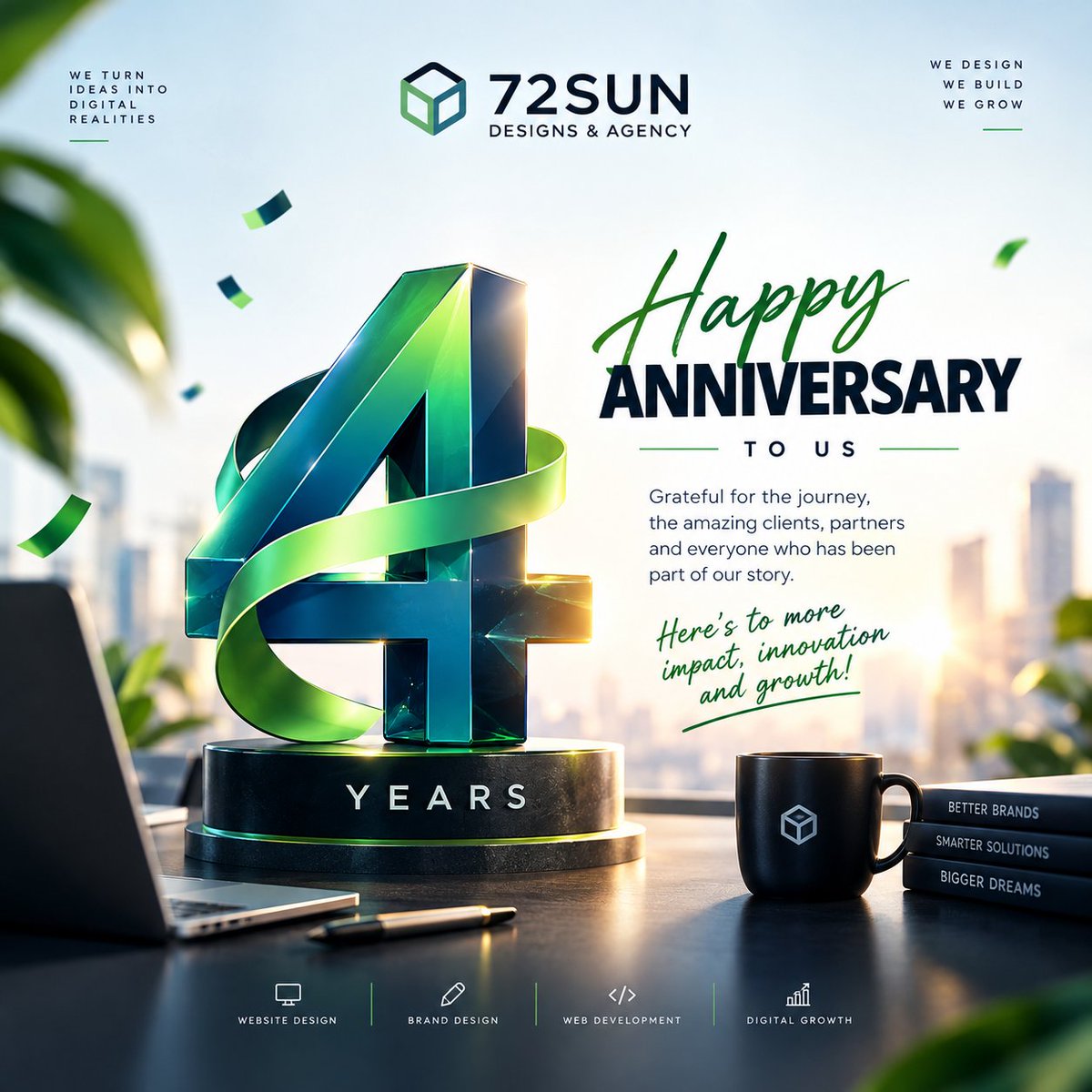 72SUNst's tweet photo. 🎉🥂 FOUR YEARS OF 72SUN! 🚀💚

Here’s to the wins, the growth, the creativity, and the amazing journey so far! 🥳

Happy 4th Anniversary to us! 🎂✨
The best is yet to come!

#72SUN #4YearsOf72SUN #AnniversaryCelebration https://t.co/PH0UTwZlFf