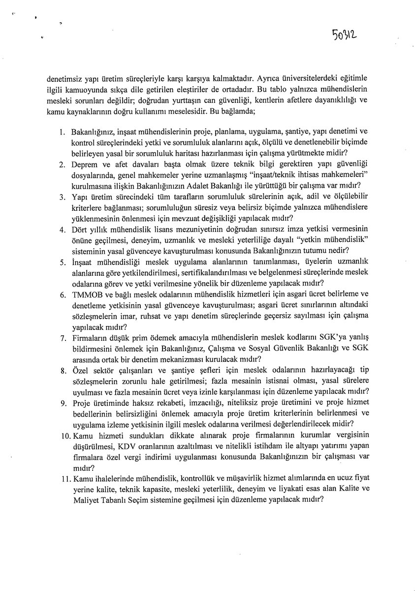 KamubizHaber's tweet photo. 🚨 SON DAKİKA | MÜHENDİSLERİN ÖZLÜK HAKLARI İÇİN TBMM’DE 30 MADDELİK ÖNERGE!

📢 Kamuda görev yapan mühendislerin maaşları, özlük hakları ve mesleki sorumlulukları yeniden gündemde!

Uşak Milletvekili Ali Karaoba, inşaat mühendislerinin sorunlarına ilişkin Çevre, Şehircilik ve İklim Değişikliği Bakanı Murat Kurum’a 30 maddelik yazılı soru önergesi sundu.

📌 ÖNE ÇIKAN TALEP VE BAŞLIKLAR:

🔹 Ek gösterge ve özel hizmet tazminatının iyileştirilmesi
🔹 Ek ödeme, teknik sorumluluk ve risk ödemesi
🔹 Mühendislerin maaşlarının sorumluluklarına uygun seviyeye çıkarılması
🔹 Güvencesiz çalışan mühendislerin kamu kadrolarına geçirilmesi
🔹 Kamuda mühendis istihdamının artırılması
🔹 Mülakatsız, merkezi ve nesnel atama
🔹 Emekli mühendislerin aylıklarının iyileştirilmesi
🔹 Yetkin mühendislik ve meslek kanunu düzenlemeleri

📍 Mühendislerin özlük hakları ve çalışma koşulları için Bakanlığa 30 kritik soru yöneltildi!

⚠️ ÖNEMLİ: Meclise sunulan belge bir yazılı soru önergesidir. Bu başlıklarda yeni bir düzenlemenin yasalaştığı anlamına gelmiyor.

Mühendisleri ilgilendiren gelişmeleri kaçırmamak için yeni X hesabımız 
@KamubizHaber

’i takip etmeyi ve bildirimleri açmayı unutmayın! 🔔

#KamuMühendisleri 
@MuhTekSen_Konf