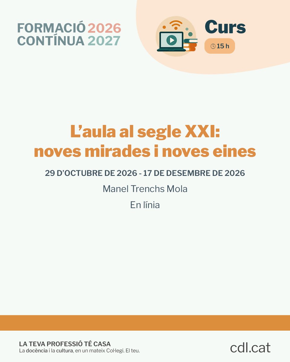 cdlcat's tweet photo. 📚✨ Com podem fer que allò que passa fora de l’aula entri a l’aula i converteixi l’aprenentatge en una experiència més significativa?

🚀 Et proposem 'L’aula al segle XXI: noves mirades i noves eines', amb @ManelTrenchs 👉 https://t.co/JJcRJRcxl8 https://t.co/2qctsnB9SI