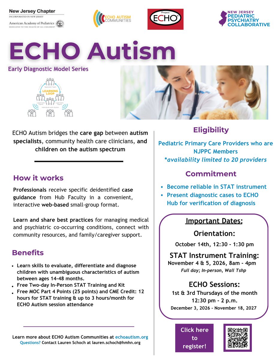 NJAFP's tweet photo. The ECHO Autism Communities Early Diagnostic Model Series is designed to equip primary care clinicians to screen, evaluate, and diagnose autism in young children (14-48 months) with straightforward (unambiguous) characteristics of autism.

Register now: https://t.co/wYkTTwXGJB https://t.co/9T2dTrVudP