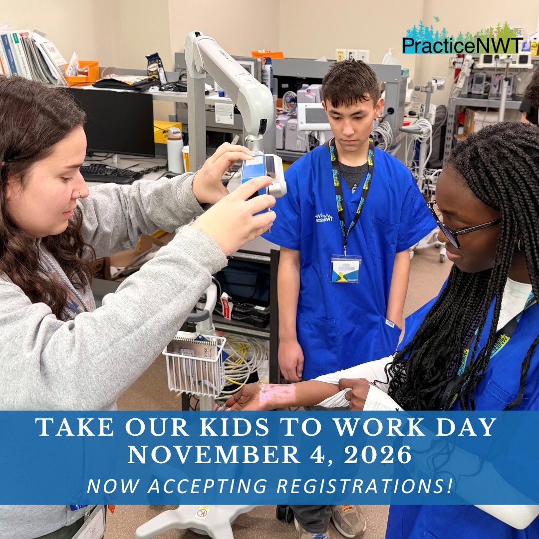 PracticeNWT's tweet photo. NWT Grade 9 students, teachers &amp; parents!
Join us for Take Our Kids to Work Day on Nov 4, 2026 — in-person in Yellowknife &amp; Hay River, plus virtual options across the NWT to explore healthcare careers.
Register by Oct 30 at 12 PM! Details: https://t.co/sBp1LnqoDZ
#TOKTWD2026 https://t.co/8yvcMOll3T