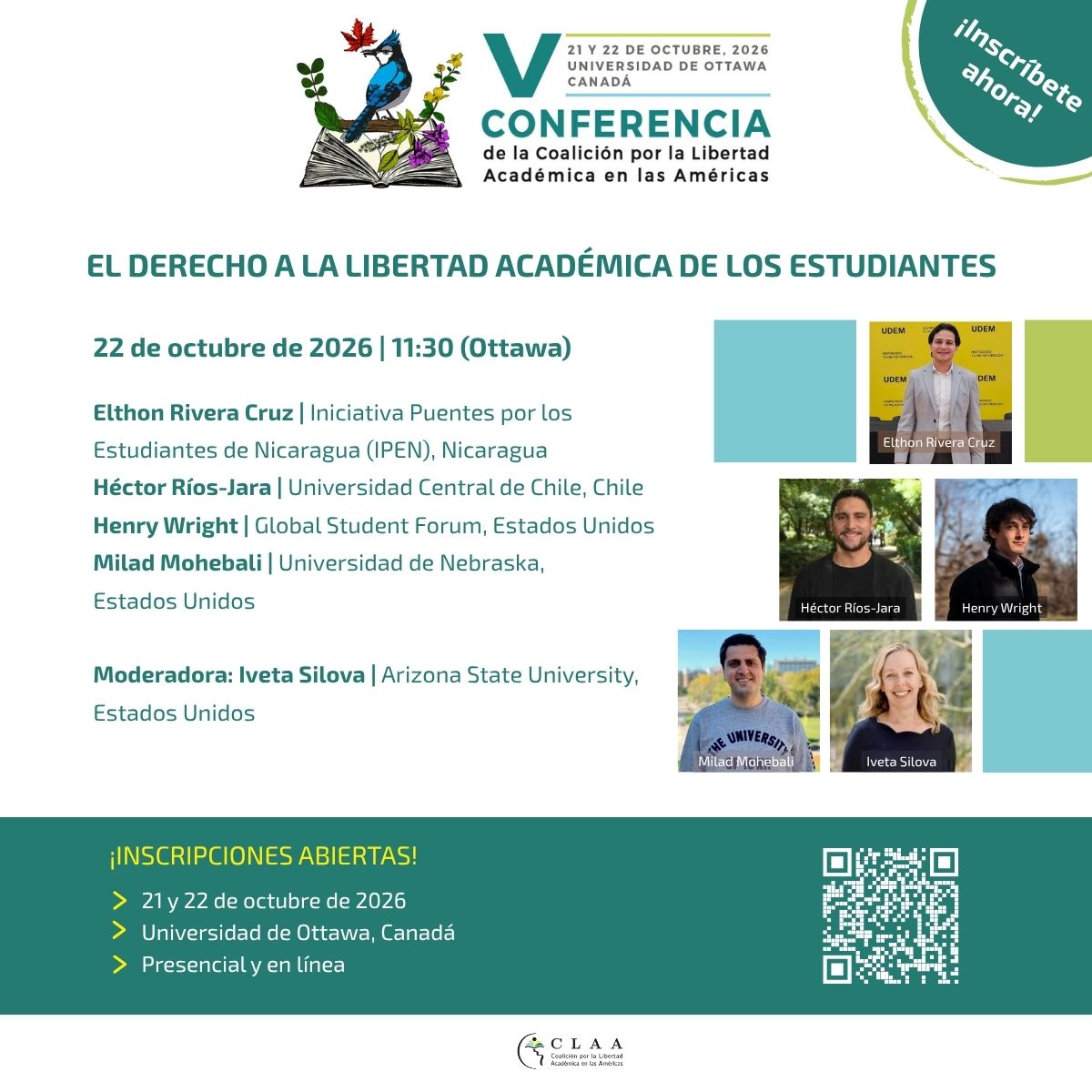 CafaClaa's tweet photo. 📢 ¿Cómo implementar el derecho a la libertad académica en las Américas?  📷 21 y 22 de octubre | Ottawa y en línea Participa en #CLAA2026 y debatamos cómo hacer efectivo este derecho humano.  📷https://t.co/Kd1VZ6giSf

@uOttawaHRREC
@udem
@ScholarsAtRisk https://t.co/B3zAoIn1Gl