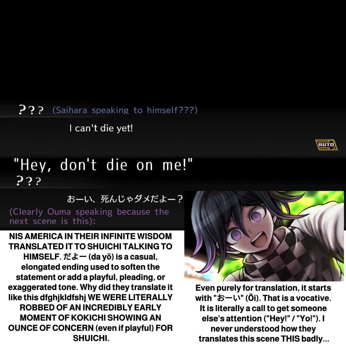ordermaxxer's tweet photo. Discovering the absolute chasm between Kokichi's actual Japanese dialogue and the English dub is a core Danganronpa fandom milestone https://t.co/tjatWXu7uh