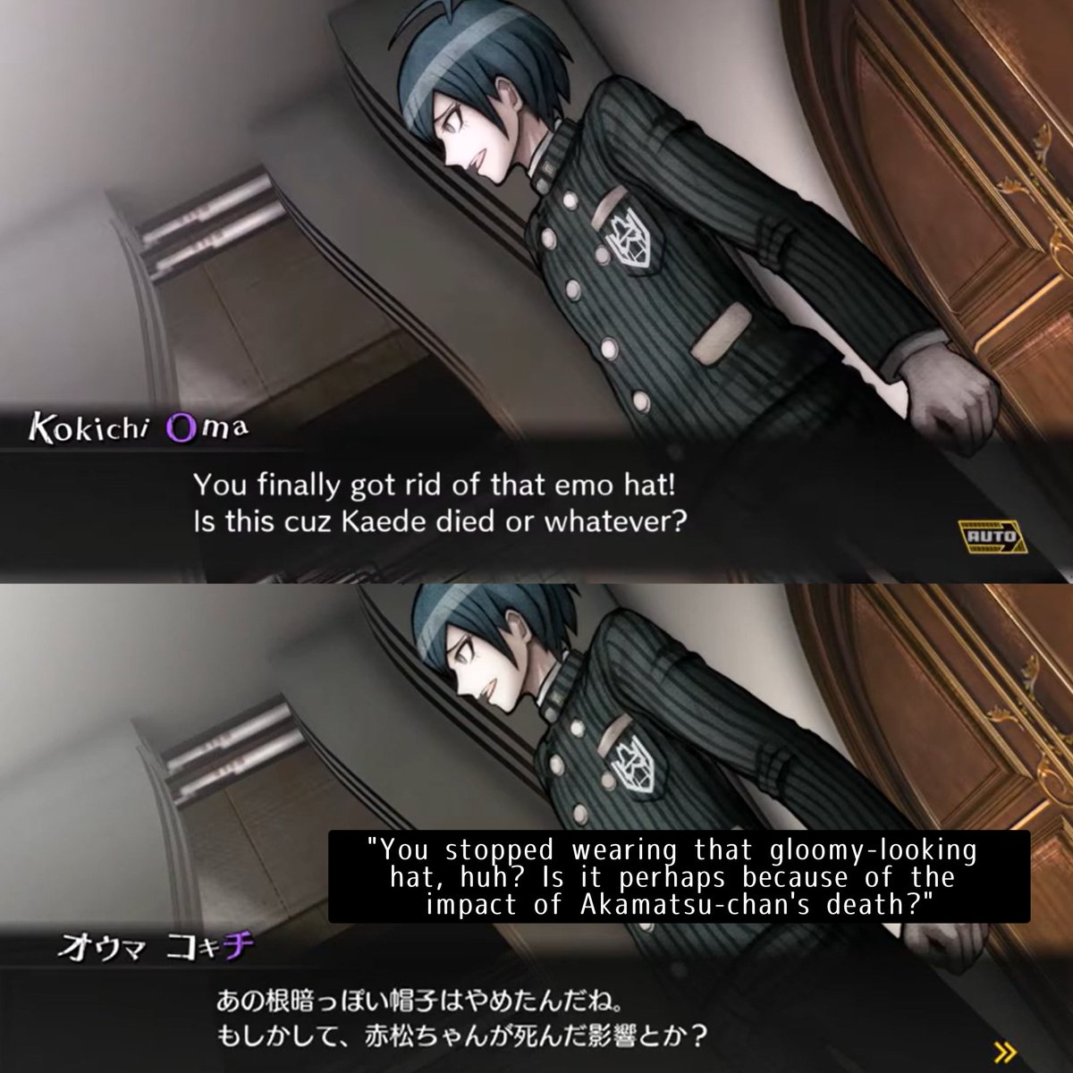 ordermaxxer's tweet photo. Discovering the absolute chasm between Kokichi's actual Japanese dialogue and the English dub is a core Danganronpa fandom milestone https://t.co/tjatWXu7uh