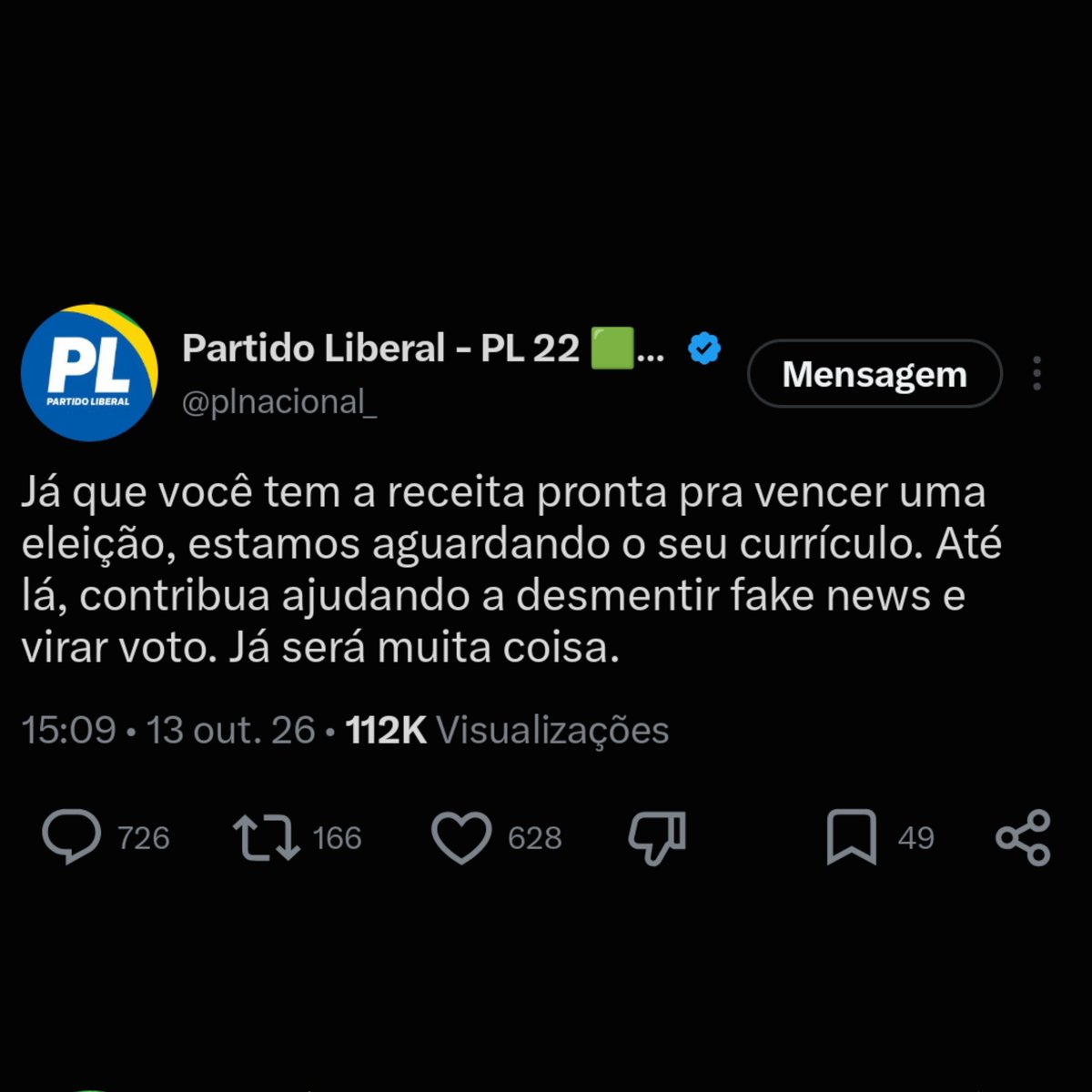 bralternativo_'s tweet photo. 🚨🇧🇷 Após ser criticado pela página Central da Direita por falta de agilidade na campanha digital de Flávio Bolsonaro e no combate a fake news, o perfil do PL no X respondeu ao eleitor com deboche:

“Já que você tem a receita pronta pra vencer uma eleição, estamos aguardando o seu currículo. Até lá, contribua ajudando a desmentir fake news e virar voto. Já será muita coisa.”