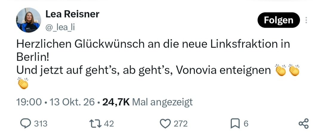 ungemeve's tweet photo. Wie heute Abend gemeldet wurde, haben die SPD und die Grünen die Gespräche mit der Die Linke zur Regierungsbildung in Berlin unterbrochen.

Es läuft genau das, was ich prognostiziert habe.

Die Linke Berlin bekommt Gegenwind in der eigenen Partei.
Sie hat zukünftige Fraktionsmitglieder ein Papier unterschreiben lassen, das aber von dem abweicht, was vorher vereinbart war. Zusätzlich hat sie nun doch Politiker aufgenommen, die beanstandet wurden. U.a. aus Neukölln, u.a. mit Nähe zu PFLP-Verbindungen, u.a. Frau Emde.

Das erinnert mich, um ehrlich zu sein, an die Verhandlungen mit den Palästinensern.

Und dann freuen sich Politikerinnen wie Reisner noch öffentlich auf X und faseln etwas von "Juchu, Glückwunsch, jetzt enteignen".
Als ob die in einem Paralleluniversum gar nicht kapieren, dass sie ohne SPD und Grüne gepflegt gar nix durchgekommen. Dass sogar auf der Kippe steht, ob sie überhaupt an die Regierung kommen.