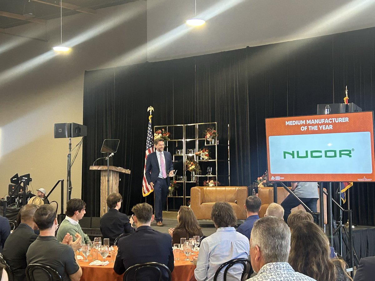 AZChamber's tweet photo. Arizona-made steel, supporting projects across the West. Congratulations to Nucor Steel Kingman, our Medium Manufacturer of the Year!

Glad to recognize the @NucorCorp team at #AZMOY26! https://t.co/TWSIsM3qpH