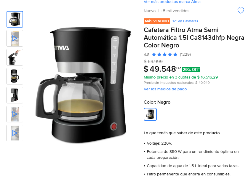 Kratosprecios's tweet photo. 🛒OFERTA EN Cafetera Filtro Atma Semi Automática 1.5l  Negra Color Negro.
 -Antes: $69.999. 
-Ahora: $49.548,87.  
https://t.co/4ESRWBpOUI
Empieza tu día con energía y de la mejor manera, disfrutando de la textura y calidad de un buen café en la comodidad de tu casa. https://t.co/4cMSg0ubCl