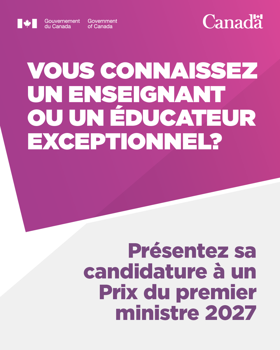 ISDE_CA's tweet photo. La période de mise en candidature pour les #PrixduPM 2027 est ouverte.

Ces prix visent à reconnaître l’apport exceptionnel d’enseignants et d’éducateurs de la petite enfance partout au Canada.

Soumettez une candidature d’ici le 13 janvier 2027: https://t.co/zOKjULQXAb https://t.co/mEdwBT8qxv