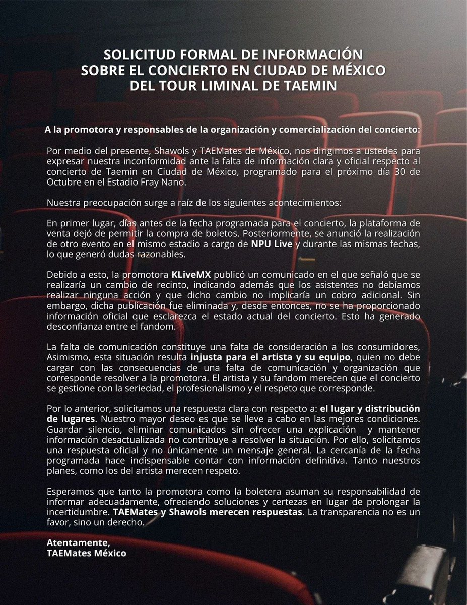MarianLune11's tweet photo. Al cambiar a TAEMIN de lugar a días del show para meter a otro es una mala práctica comercial y negligencia de @ZepedaBros rompiendo acuerdos iniciales y posiblemente un contrato 

Exigimos transparencia y una solución ya
@AtencionProfeco
@Profeco
#Claridad_Liminal_TAEMIN_CDMX https://t.co/rPph7gFYwB