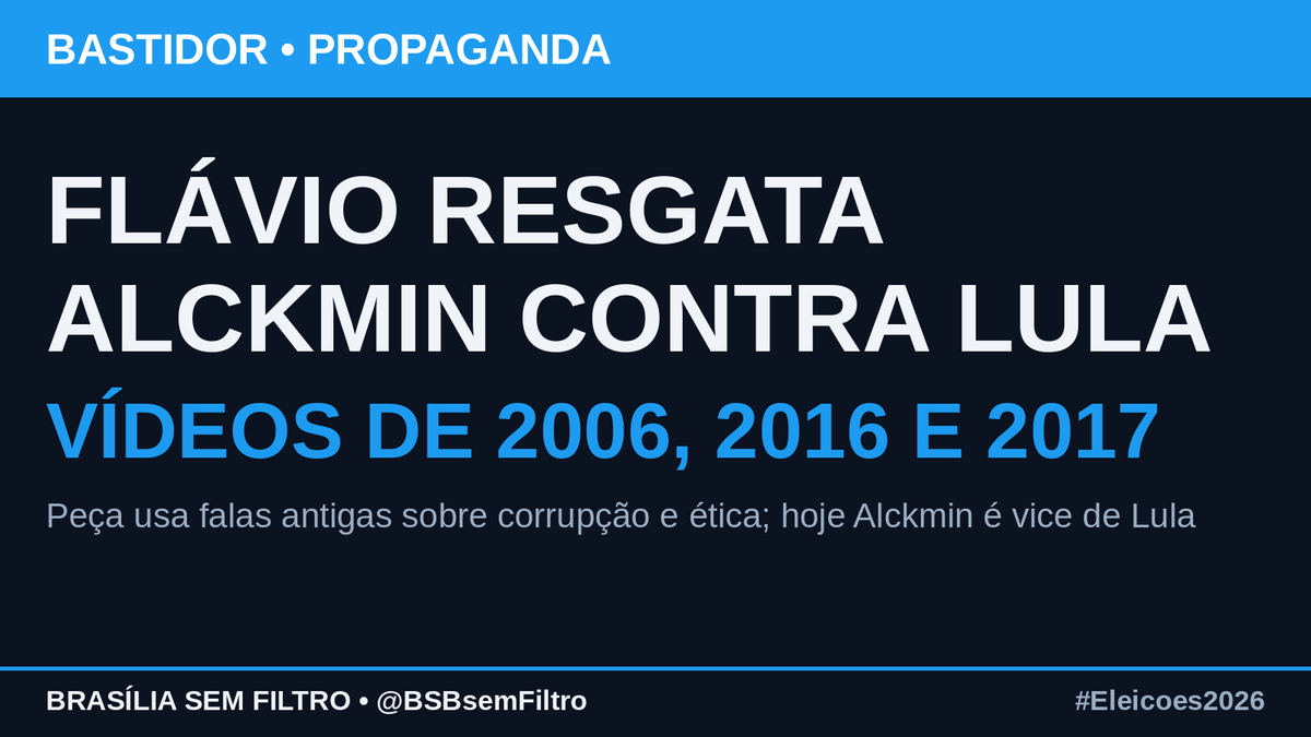 BSBsemFiltro's tweet photo. Flávio Bolsonaro: campanha resgata falas antigas de Alckmin contra Lula na propaganda — vídeos de 2006, 2016 e 2017 sobre corrupção e ética, segundo o Poder360. Hoje Alckmin é vice de Lula. Faltam 12 dias pra 25/10. #Eleicoes2026 https://t.co/vXJgd3wMBD