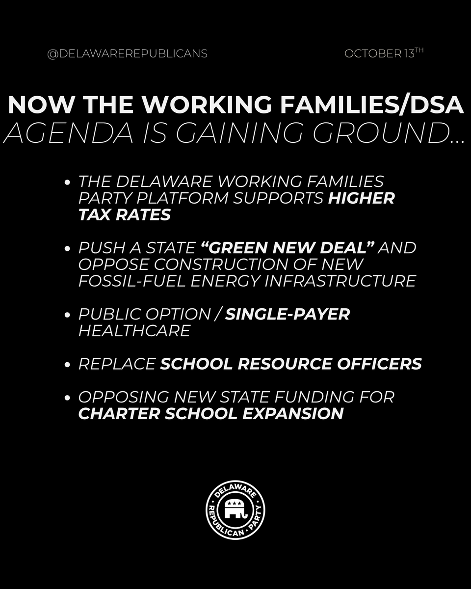 DelawareGOP's tweet photo. Seattle should be a warning to Delaware.

High taxes, rising costs, shrinking office occupancy, thousands of lost jobs, and major employers shifting jobs and investment elsewhere have put real pressure on one of America’s most recognizable business hubs.

Now, the same kinds of policies are gaining ground here at home. Working Families Party and DSA-backed candidates are advancing an agenda built around higher taxes, a Green New Deal, government-run healthcare, eliminating cash bail, and expanding government control over more of the economy.

Delaware’s success has always depended on being a place where businesses want to invest, grow, hire, and stay.

We should learn from Seattle’s mistakes, not repeat them.

Protect Delaware jobs. Protect Delaware businesses. Protect Delaware’s future.