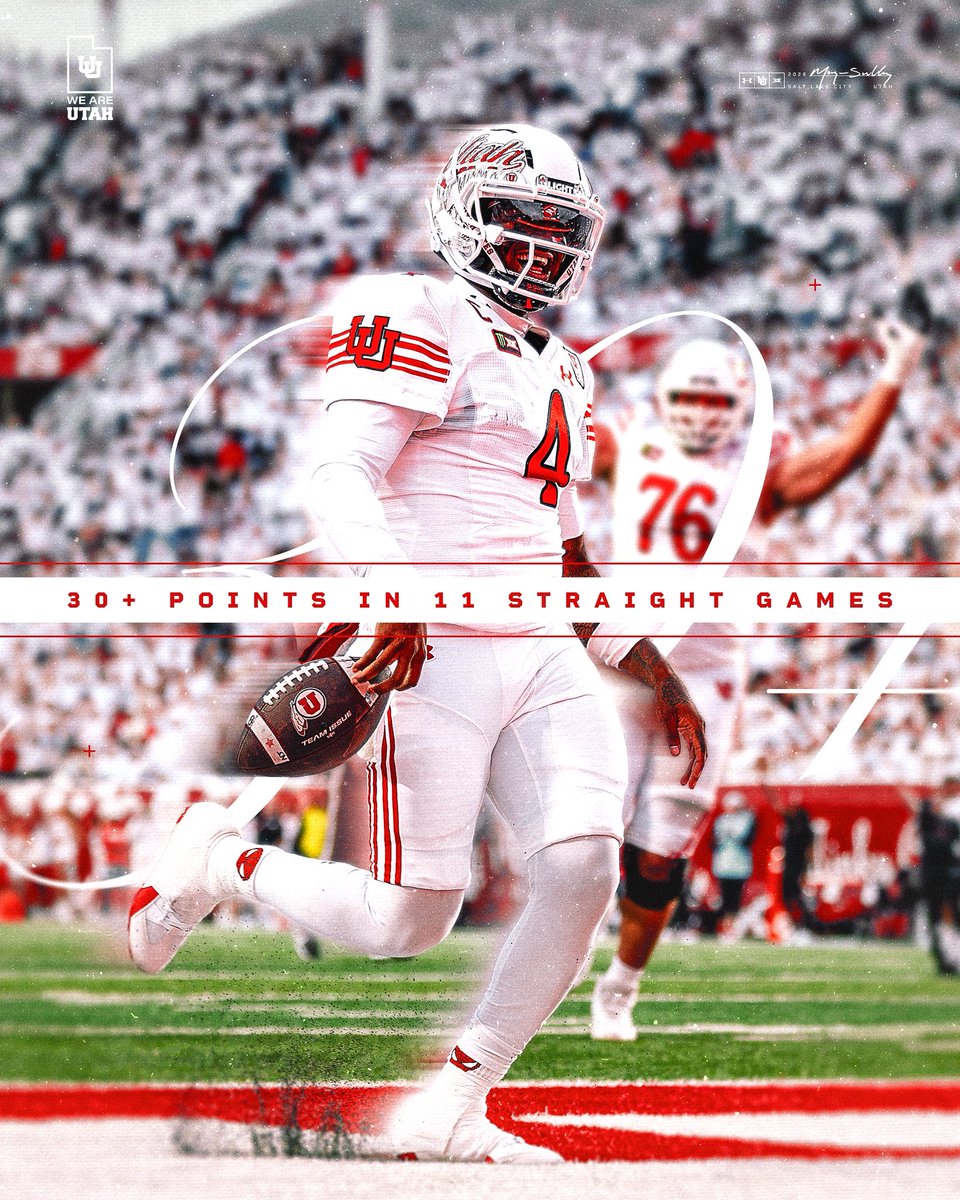Utah_Football's tweet photo. The 𝙡𝙤𝙣𝙜𝙚𝙨𝙩 𝙨𝙩𝙧𝙚𝙖𝙠 𝙞𝙣 𝙩𝙝𝙚 𝙘𝙤𝙪𝙣𝙩𝙧𝙮 continues 📈

For 1️⃣1️⃣ straight games, our offense has put up 30+ points!

#GoUtes | #RSNB https://t.co/B53Y3QQyFa