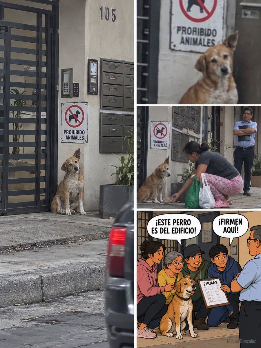 JTomCorVi's tweet photo. "Doña Elvira vive en el segundo piso de un edificio de departamentos y desde hace tres años ve a un perro café con las patas blancas sentado en la entrada. Nadie sabe de dónde llegó. Se queda ahí, cuidando el portón, y despide a los niños cuando salen a la escuela moviendo la cola. 
Un lunes, el administrador pegó un letrero en la pared: «Prohibido animales». Esa misma semana avisó que mandaría sacar al perro «por reglamento». Dijo que no era personal, pero tampoco quiso escuchar a nadie.
Doña Elvira no discutió. Se agachó junto al perro, le dejó un plato con comida y se quedó un rato con él. Ese día se dio cuenta de algo: ningún vecino había pedido que se lo llevaran. Al contrario, todos le llevaban comida a escondidas. 
Esa noche tocó puertas por todo el edificio. Entre todos reunieron treinta y dos firmas, y un vecino que trabaja en una clínica veterinaria propuso algo más: llevar al perro a revisión, vacunarlo y desparasitarlo, para que el edificio pudiera aceptarlo con orden y sin quejas.
Lo hicieron. Pagaron entre todos, con cooperaciones de lo que cada quien podía. El perro recibió sus vacunas, un baño y un collar con una plaquita.
En la siguiente junta, la lista de firmas y el comprobante de la clínica estaban sobre la mesa. El administrador los leyó en silencio, se quitó el letrero y lo guardó en un cajón. 
Hoy el perro se llama Reglamento. Tiene su plato junto al buzón, una caseta con cobija en el patio para los días de frío, y es el único habitante del edificio que nadie se atreve a regañar".