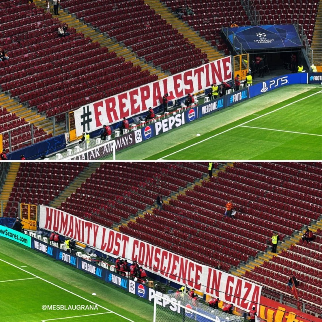 InsiderWorld_1's tweet photo. 🇵🇸 PRO-PALESTINE MESSAGES IN THE STANDS BEFORE GALATASARAY – BARÇA 

“Humanity has lost its conscience in Gaza”

“FREEPALESTINE” https://t.co/zYBNOldxOz