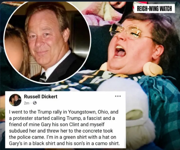 BrainWormVaxine's tweet photo. The MAGA who proudly physically assaulted the woman at the Youngstown, Ohio Trump rally yesterday, Russell Dickert, could have just set himself up for criminal and civil charges by admitting it on Facebook. https://t.co/7NPrJXFdPh