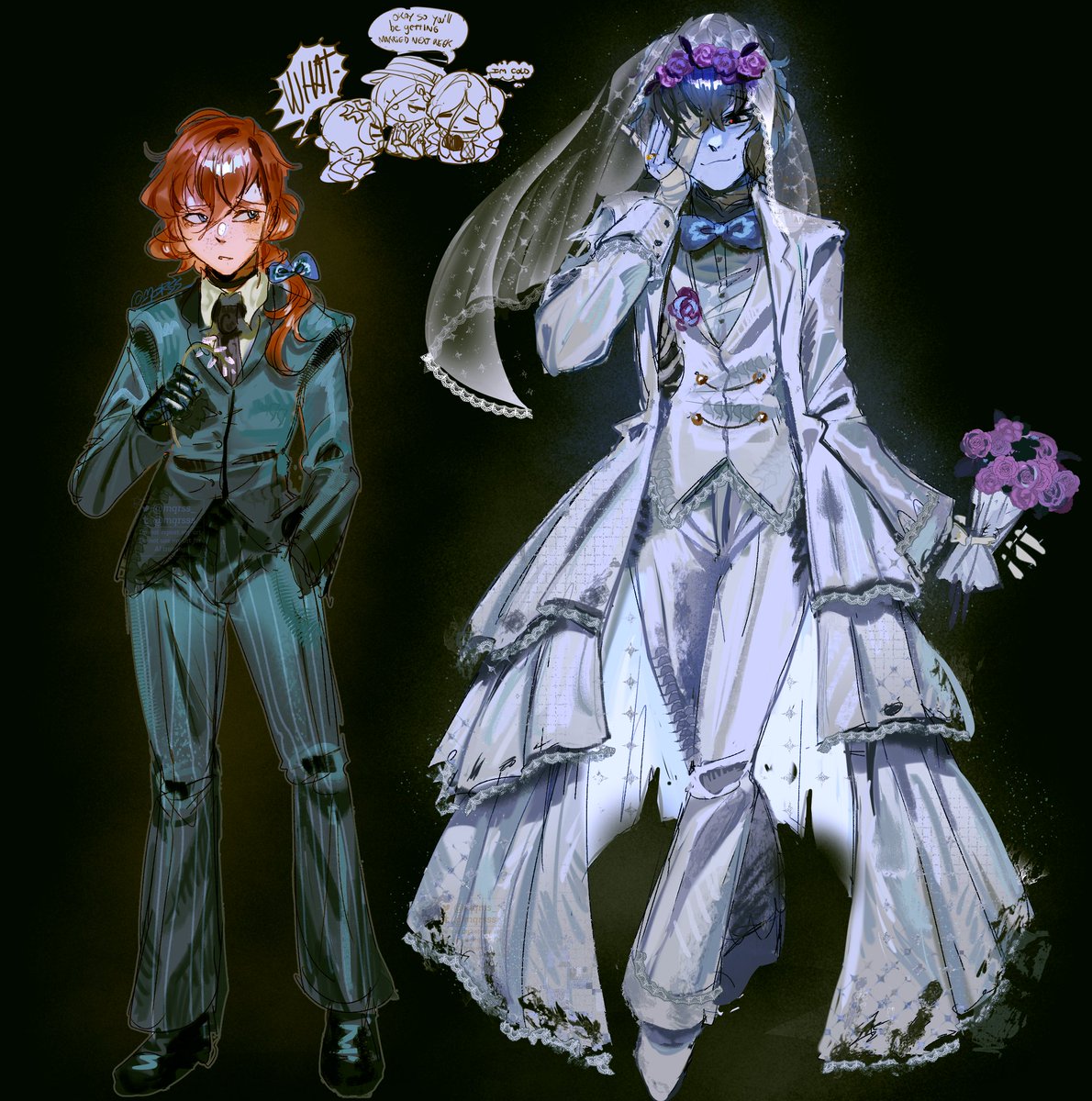 mqrss_'s tweet photo. outfits !! i kinda overdid the withering in dazai's dress the brushes were rlly fun to use #skk https://t.co/nNAr7P3COU