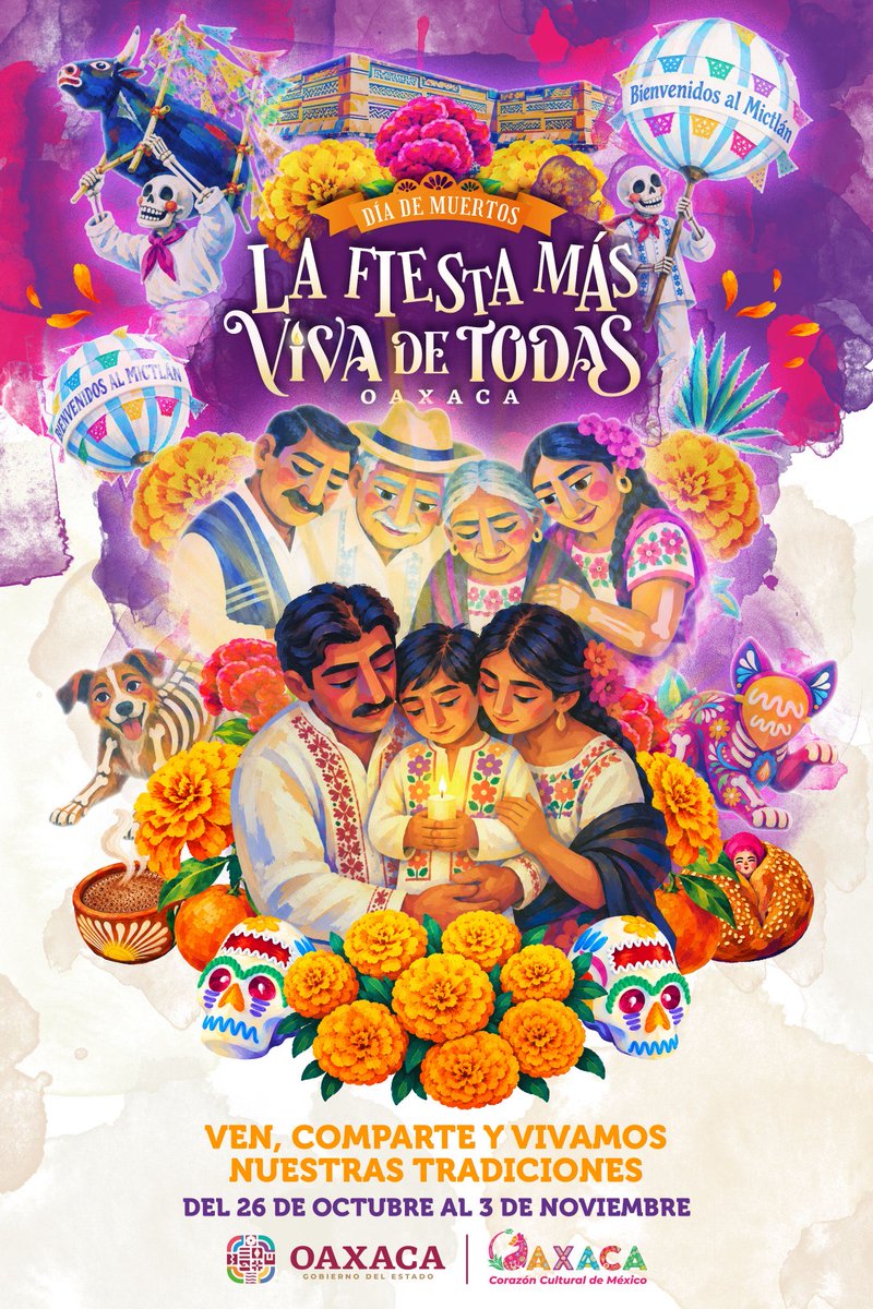 diademuertos_'s tweet photo. ¡Oaxaca te espera para celebrar #LaFiestaMásVivaDeTodas!💀🏵️

Entre flores de cempasúchil, música y tradición, honramos la memoria que nos une. Del 26 de Octubre al 3 de Noviembre, ven a disfrutar del Día de Muertos, compartiendo la vida, el color y misticismo. https://t.co/tsQqWRRdVR