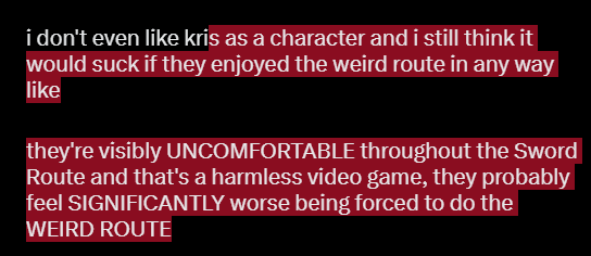 TheLitSofah's tweet photo. @1_Difference_1 @Rodrius_ Kris goes along with The Knights plan because they literally HAVE to, they supposedly made some sort of promise that they really don't want to break for whatever reason, that's not even REMOTELY comparable to Kris actually LIKING the Weird Route in some way https://t.co/oDRsV21szA